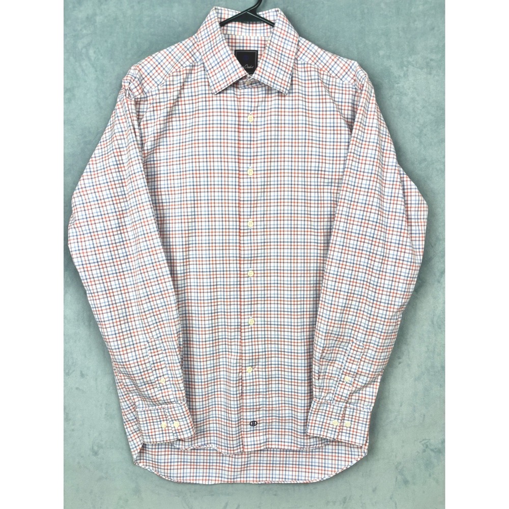 David Donahue Mens Trim Fit Plaid Dress Shirt Blue Red White 16.5 34/35 Cotton